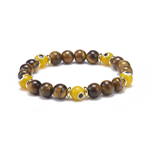 

PandaHall Natural Tiger Eye & Lampwork Evil Eye Round Beaded Stretch Bracelet, Gemstone Jewelry for Women, Inner Diameter: 2 inch(5.1cm)..., Gold