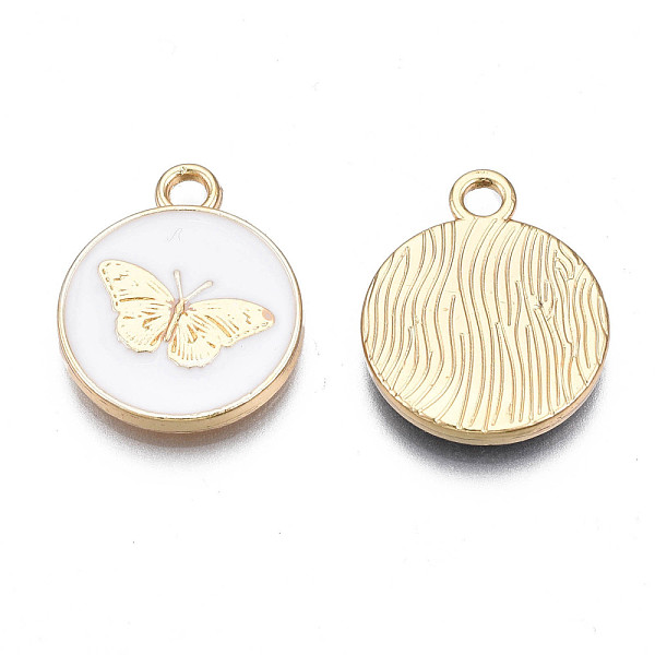 

PandaHall Alloy Enamel Pendants, Cadmium Free & Nickel Free & Lead Free, Light Gold, Flat Round with Butterfly, White, 18x15x2mm, Hole: 2mm...