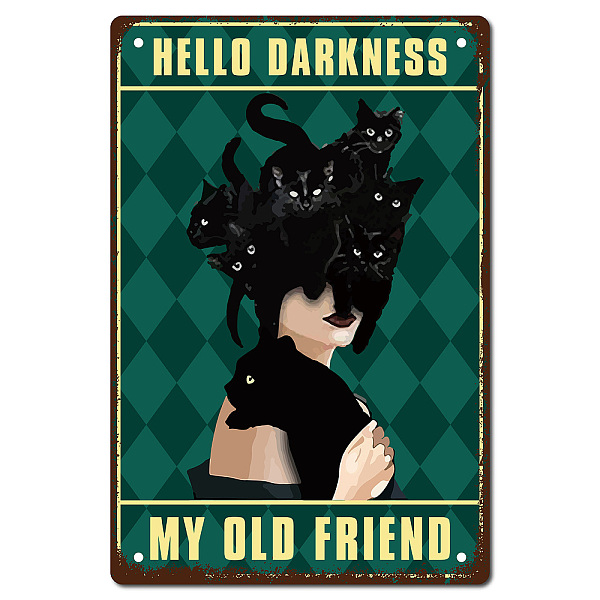 PandaHall CREATCABIN Black Cat Woman Metal Tin Sign Hello Darkness My Old Friend Metal Poster Vintage Retro Art Mural Hanging Iron Painting...