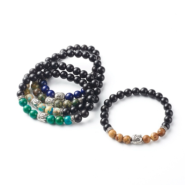 

PandaHall Natural & Synthetic Mixed Stone Stretch Bracelets, with Natural Wood Beads and Tibetan Style Alloy Beads, Buddha Head, Inner...