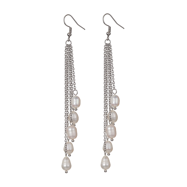 

PandaHall Natural Pearl Beads Dangle Earrings, 304 Stainless Steel Chains Tassel Earrings, Stainless Steel Color, 104mm Pearl Rice