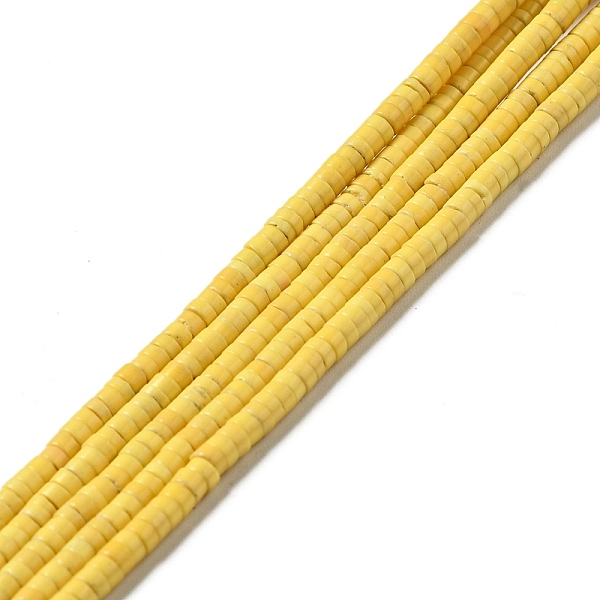 

PandaHall Synthetic Turquoise Heishi Beads Strands, Dyed, Flat Round/Disc, Gold, 2.5x1.5~2.5mm, Hole: 0.7mm, about 287pcs/strand, 15.08''...