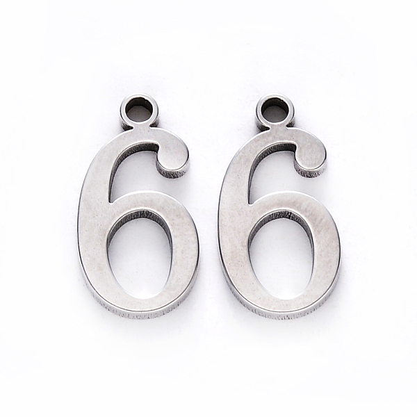 

PandaHall 201 Stainless Steel Charms, Number, Laser Cut, Stainless Steel Color, Num.6, 15x8x1.5mm, Hole: 1.5mm 201 Stainless Steel Number
