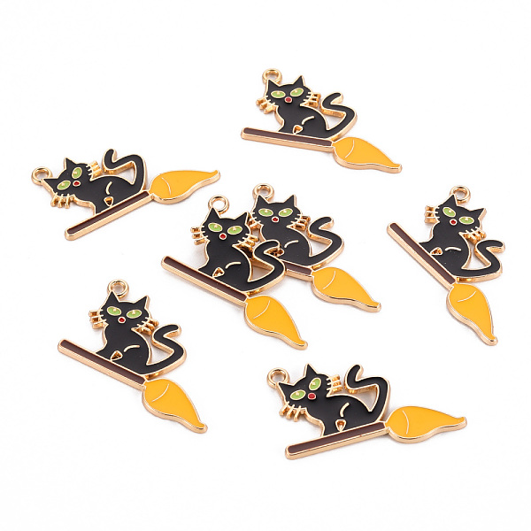 

PandaHall Eco-Friendly Alloy Enamel Pendants, Cadmium Free & Lead Free & Nickel Free, Light Gold, Halloween Cat with Broom, Lime..., Green