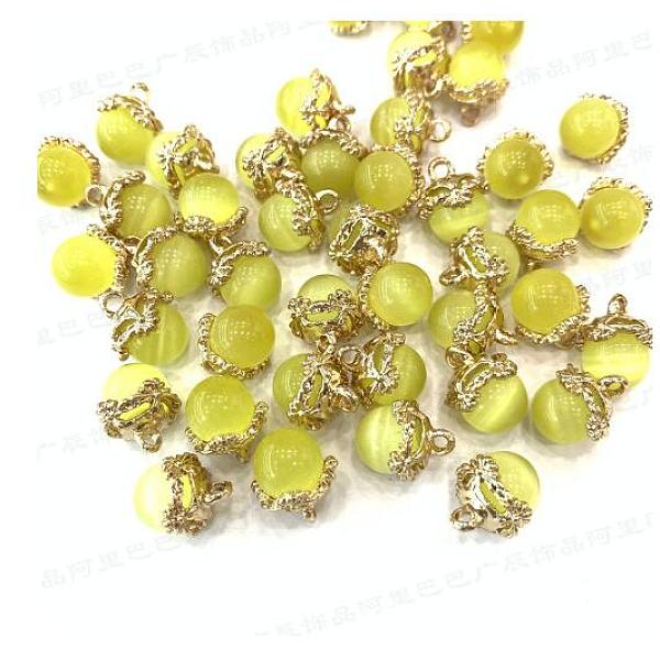 

PandaHall Cat Eye Glass Charms, with Brass Finding, Round, Yellow, 14~15x12~13mm, Hole: 2mm Brass+Cat Eye Round Yellow