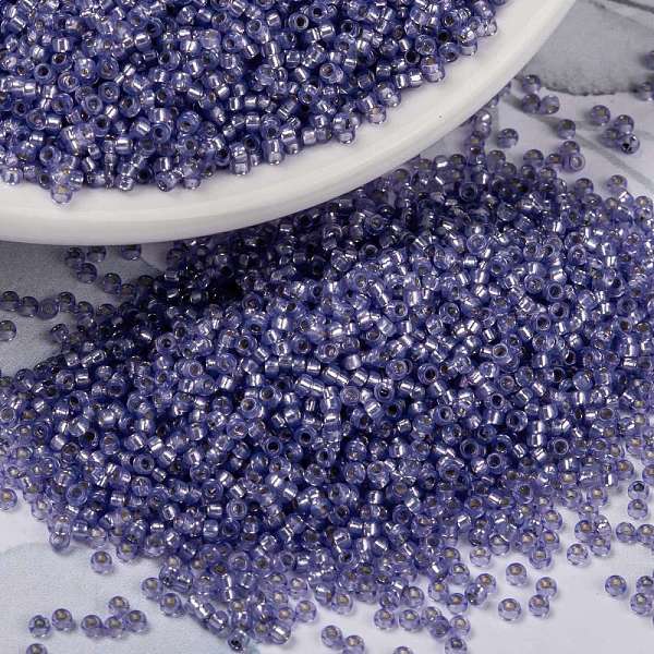 PandaHall MIYUKI Round Rocailles Beads, Japanese Seed Beads, 15/0, (RR649) Dyed Violet Silverlined Alabaster, 15/0, 1.5mm, Hole: 0.7mm...