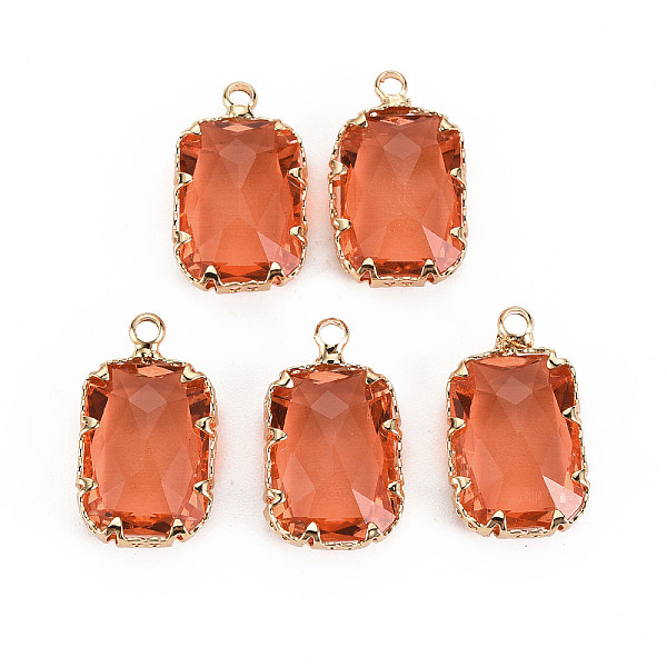 

PandaHall Transparent Glass Pendants, with Brass Prong Settings, Faceted, Rectangle, Light Gold, Coral, 19x11x5.5mm, Hole: 1.6mm Brass+Glass..., Red