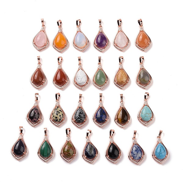 

PandaHall Natural & Synthetic Mixed Gemstone Pendants, Teardrop Charms, with Rose Gold Tone Rack Plating Brass Findings, 32x19x10mm, Hole...