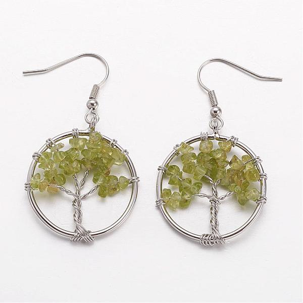 

PandaHall Dangle Earrings, with Natural Peridot Beads and Brass Hooks, Ring with Tree of Life, 50mm, Pin: 0.6mm Peridot