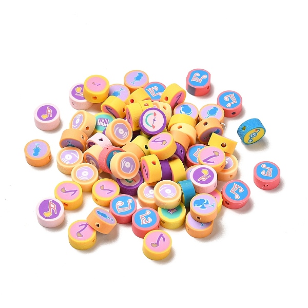 PandaHall Handmade Polymer Clay Beads, Flat Round with Musical Note Pattern, Mixed Color, 9.5~10x4.5~5mm, Hole: 1.6~1.8mm Polymer Clay...