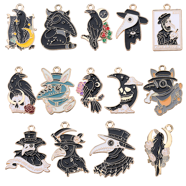 

PandaHall SUNNYCLUE 1 Box 28Pcs 14 Styles Black Crow Charm Gothic Charms Bulk Alloy Enamel Halloween Raven Bird Moon Rose Beak Skull Animal...