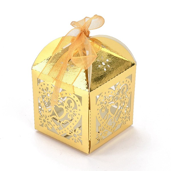 

PandaHall Laser Cut Paper Hollow Out Heart & Flowers Candy Boxes, Square with Ribbon, for Wedding Baby Shower Party Favor Gift Packaging..., Gold