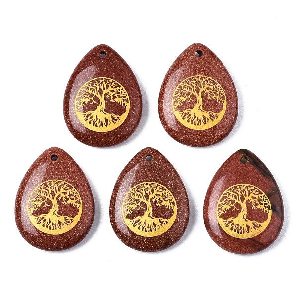 

PandaHall Synthetic Goldstone Pendants, Teardrop with Tree of Life Pattern, 32~33.5x25~26x6.5~7.5mm, Hole: 2mm, 6pcs/bag Goldstone Teardrop