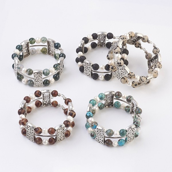 

PandaHall Natural Gemstone Wrap Bracelets, with Pearl, Alloy Findings, Round & Rectangle, 2 inch(51mm) Mixed Stone