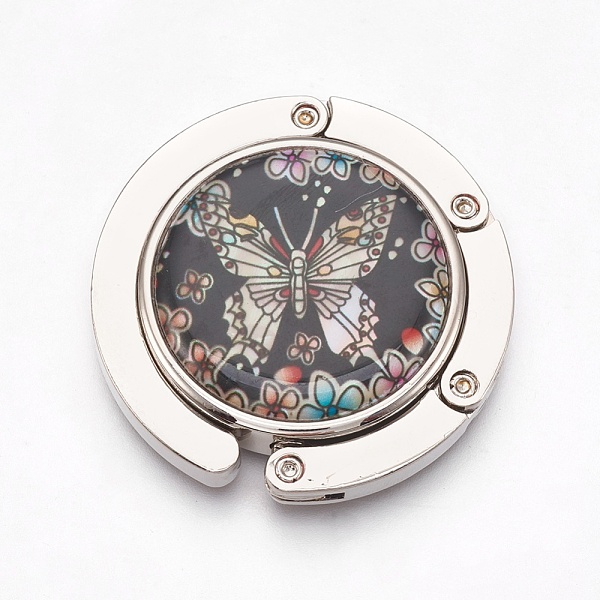 

PandaHall Zinc Alloy Bag Hanger Purse Hooks, with Shell Cabochons and Glass, Flat Round with Crane, Platinum, Colorful, 44x9mm Alloy