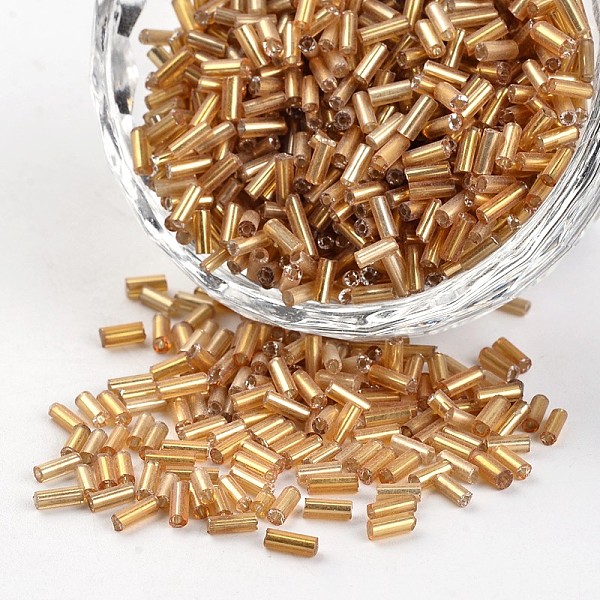 

PandaHall Tube Silver Lined Round Hole Glass Bugle Beads, BurlyWood, 3~5x1.8~2mm, Hole: 0.8mm, about 1200pcs/50g Glass Orange