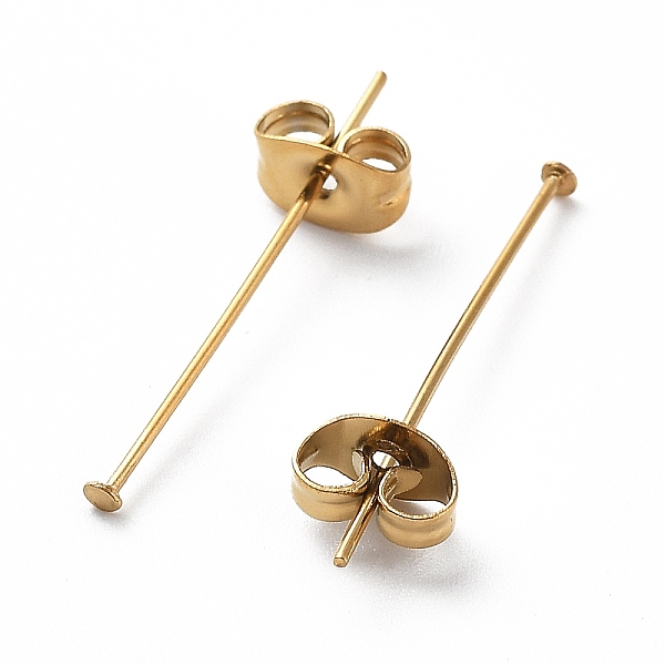 

PandaHall Ion Plating(IP) 304 Stainless Steel Flat Head Pins with Ear Nuts, Golden, 22x0.6mm, Head: 1.4mm 304 Stainless Steel
