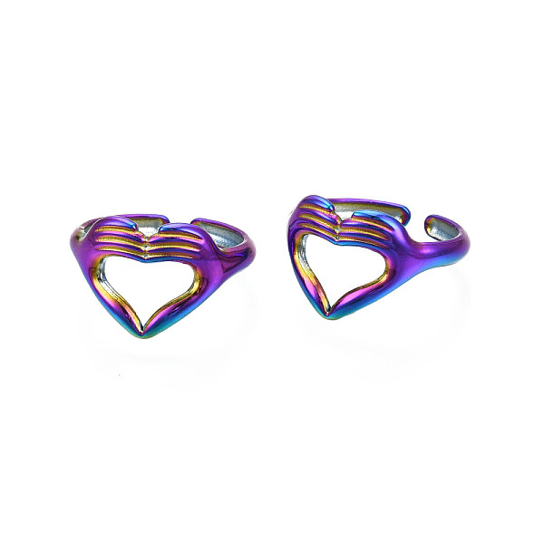 Ion Plating(IP) Rainbow Color 304 Stainless Steel Heart Gesture Open Cuff Ring For Women