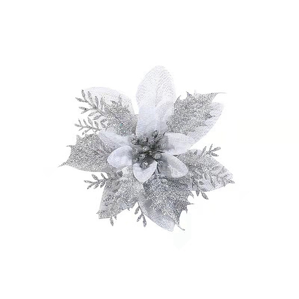 

PandaHall Christmas Thmem Plastic Artificial Flower, with Glitter Powder, Silver, 130mm Plastic Flower Silver