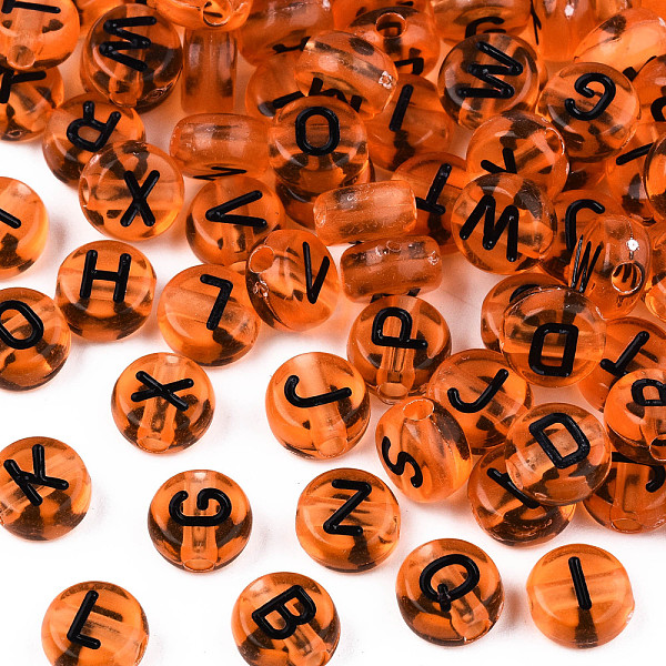 

PandaHall Transparent Acrylic Beads, Horizontal Hole, Flat Round with Black Random Letter, Coral, 7x4mm, Hole: 1.8mm, about..., Red