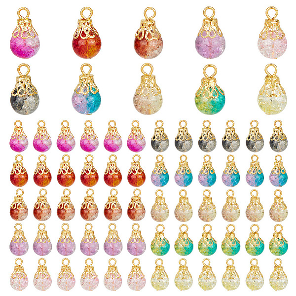 

PandaHall 100Pcs 10 Color Spray Painted Crackle Glass Pendant, with Golden Iron Findings, Round Charms, Mixed Color, 18x10mm, Hole: 2.5mm..., Multicolor