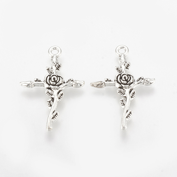 

PandaHall Tibetan Style Alloy Pendants, Cross with Rose, Cadmium Free & Lead Free,, Antique Silver, 34.5x23.5x3mm, Hole: 2mm, about...