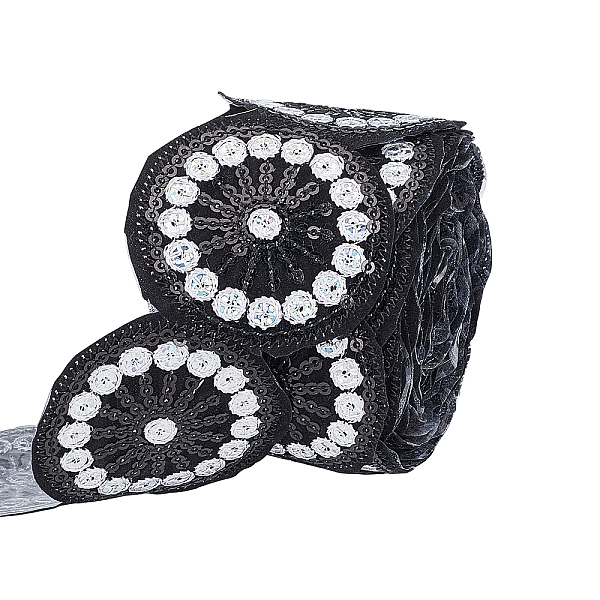

PandaHall Embroidery Polyester Ribbon, with Paillette/Sequin, For Sewing Decoration, Floral Pattern, Black, 50mm, about 5yards/bundle...