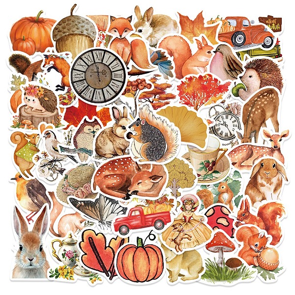 PandaHall 50Pcs Autumn Theme PVC Self Adhesive Stickers, Squirrel Rabbit Leaf Waterproof Decals, for Water Bottles, Laptop, Luggage, Cup...