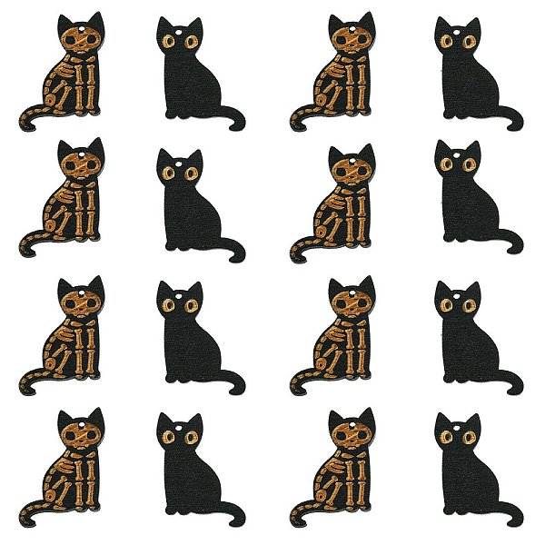 

PandaHall 20Pcs 2 Styles Halloween Carved Wood Pendants, Cat Charms, Black, 30.5x23.5x2mm, Hole: 1.6mm, 10pcs/style Wood Cat Shape Black
