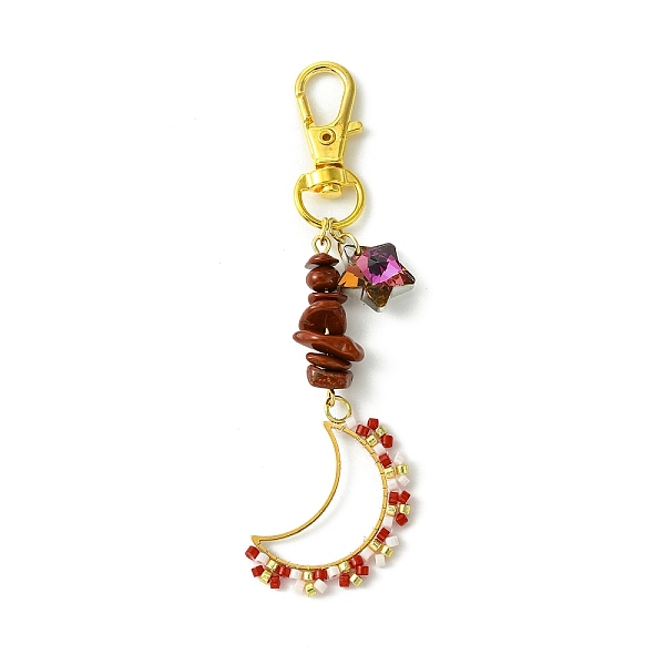 

PandaHall Moon Glass Seed Pendant Decorations, Natural Red Jasper Chip Beads & Star Glass Charms for Bag Key Chain Ornaments, 94.5mm Red...