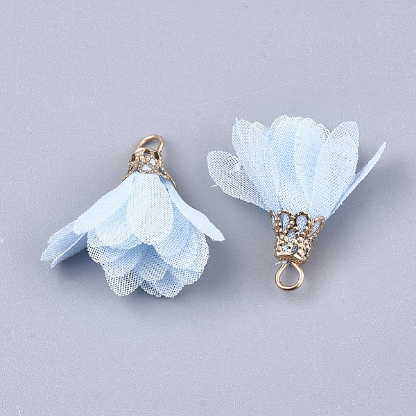 

PandaHall Chiffon Pendants, with Iron Findings, Flower, Golden, Light Sky Blue, 25~27x20~30mm, Hole: 2.5mm Cloth Flower Blue