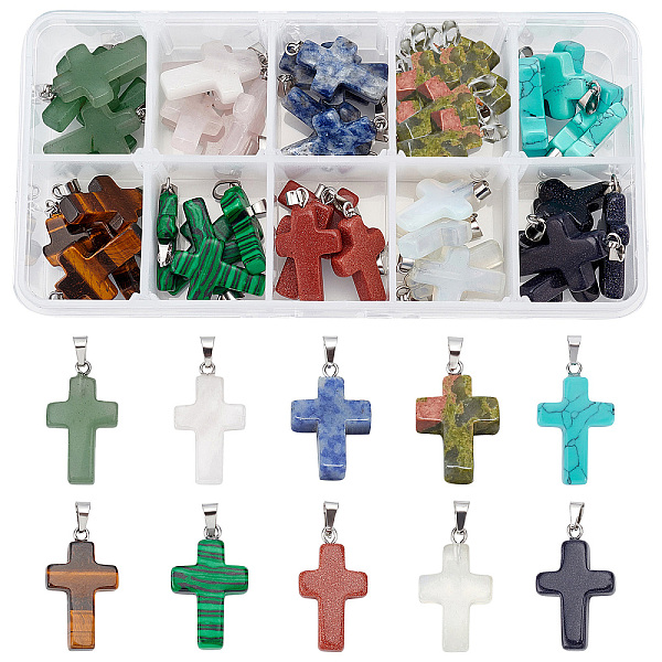 

PandaHall Cross Gemstone Pendants Sets, Natural & Synthetic, with Metal Findings, 26x15x4mm, Hole: 6x3mm Mixed Stone Cross