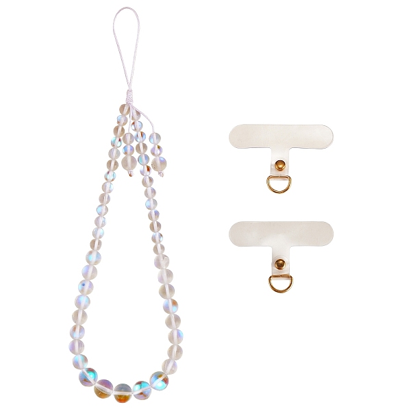 

PandaHall Round Synthetic Moonstone Beaded Mobile Straps, Nylon Cord with TPU Mobile Phone Lanyard Patch Mobile Accessories Decor..., White