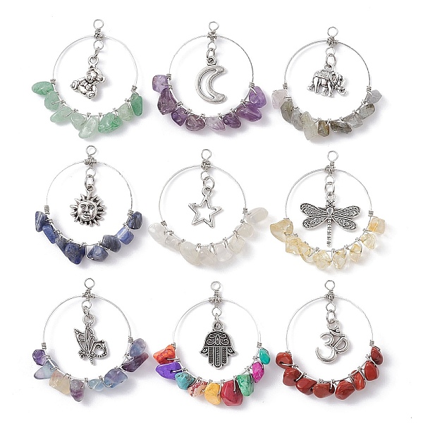 

PandaHall Copper Wire Wrapped Gemstone Chip Pendants, with Alloy Charm, Mixed Shapes, 40x38x6.5mm, Hole: 2.5mm, 9pcs/set. Mixed Stone Mixed...