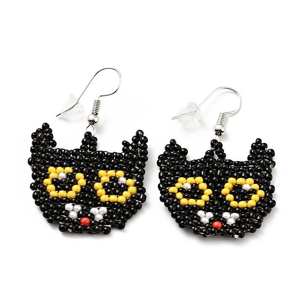 

PandaHall Glass Seed Braided Cat Dangle Earrings, Alloy Wire Wrap Halloween Earrings for Women, Yellow, 41mm, Pin: 0.6mm Glass Yellow