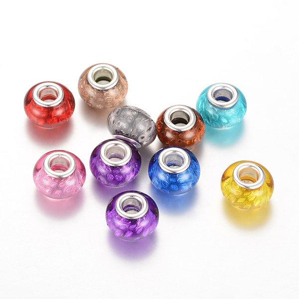 

PandaHall Resin European Beads, Large Hole Beads, with Silver Color Plated Brass Cores, Rondelle, Mixed Color, 14x9~9.5mm, Hole: 5mm..., Multicolor