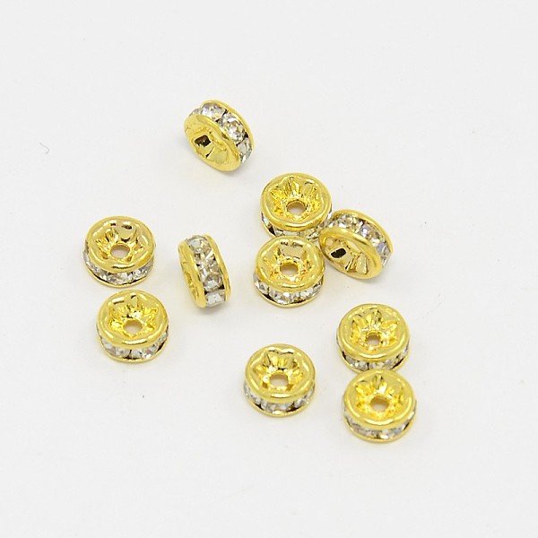 

PandaHall Brass Rhinestone Spacer Beads, Grade AAA, Straight Flange, Nickel Free, Golden Metal Color, Rondelle, Crystal, 5x2.5mm, Hole: 1mm..., Clear