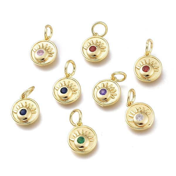 

PandaHall Brass Micro Pave Cubic Zirconia Charms, with Jump Rings, Flat Round with Eyes, Golden, Mixed Color, 10.7x9x2mm, Hole: 3.6mm..., Multicolor
