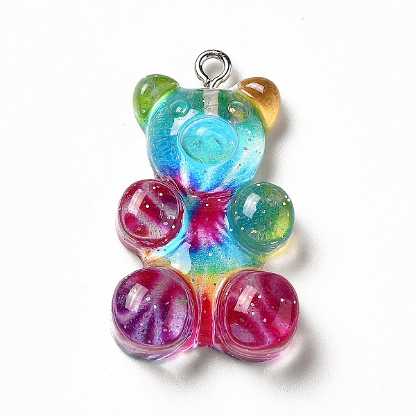 

PandaHall Translucent Resin Pendants, Glitter Bear Charms, with Platinum Tone Iron Loops, Colorful, 32x19x8.5mm, Hole: 2mm Iron+Resin Bear
