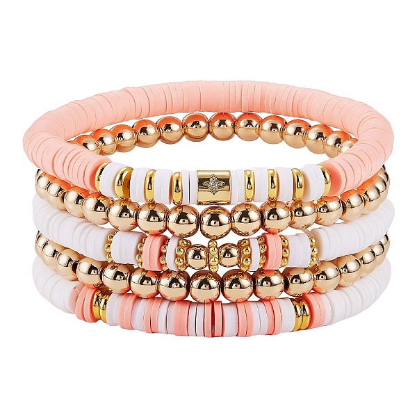 

PandaHall 5Pcs 5 Style Polymer Clay Heishi Surfer Stretch Bracelets Set with Synthetic Hematite, Clear Cubic Zirconia Star Preppy Bracelets..., Brown