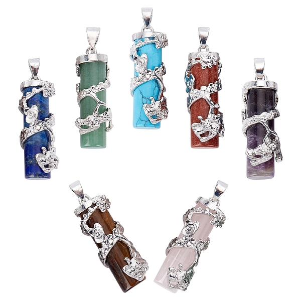 

PandaHall SUNNYCLUE 7Pcs 7 Style Natural & Synthetic Gemstone Pendants, with Platinum Alloy Findings, Column with Dragon, 40.5~41.5x14x15mm...