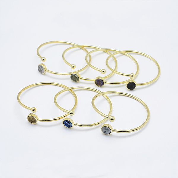 

PandaHall Brass Cuff Bangles, with Natural Druzy Agate, Flat Round, Golden, 2-1/4 inch(58mm) Natural Agate Multicolor