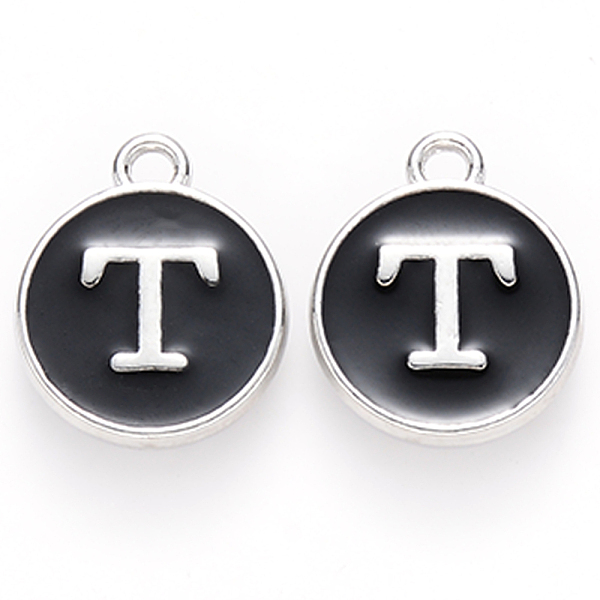 

PandaHall Platinum Plated Alloy Charms, Cadmium Free & Lead Free, with Enamel, Enamelled Sequins, Flat Round with Letter, Letter.T..., Black