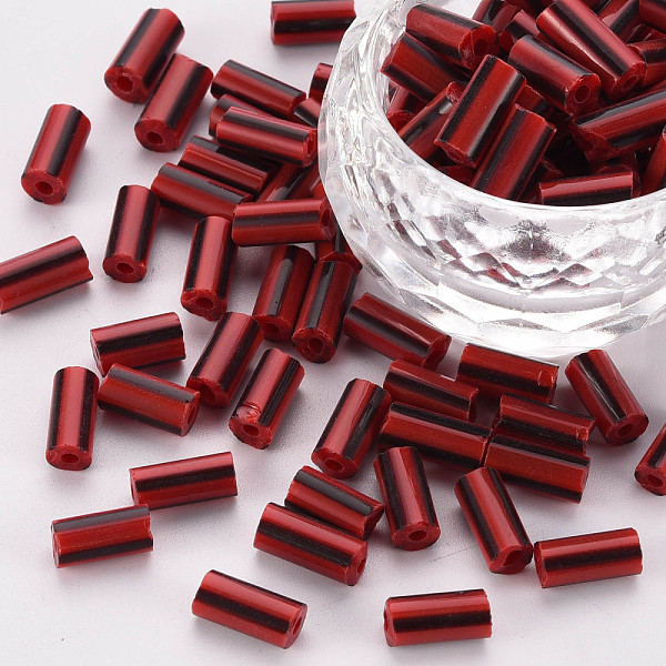 

PandaHall Glass Bugle Beads, Opaque Colours Seep, Round Hole, FireBrick, 8~10x4mm, Hole: 1.8mm, about 1800pcs/pound Glass Red