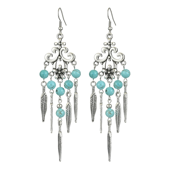 

PandaHall Synthetic Turquoise Beaded Chandelier Earrings, Alloy Feather Tassel Earrings with 304 Stainless Steel Pins, 102x30mm Synthetic...