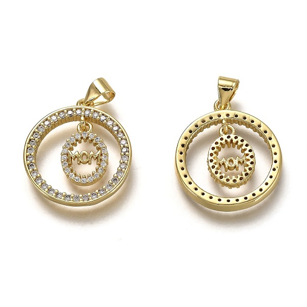 

PandaHall Brass Micro Pave Clear Cubic Zirconia Pendants, Long-Lasting Plated, for Mother's Day, Flat Round with Word Mom, Real 18K Gold...