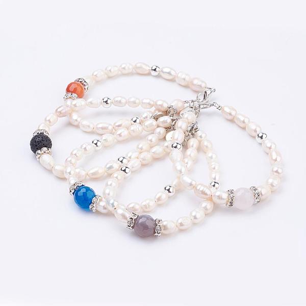 

PandaHall Freshwater Pearl Bracelets, Natural Mixed Stone, with Alloy Finding and Brass Finding, 7-1/2 inch(190mm), 6mm Mixed Stone