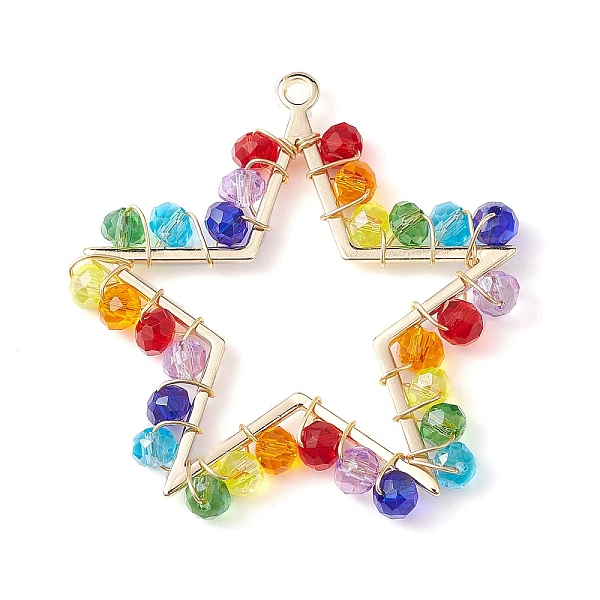 

PandaHall Glass Beads Copper Wire Wrapped Brass Star Pendants, Real 18K Gold Plated, Colorful, 41.5x39x4mm, Hole: 2mm Brass Star