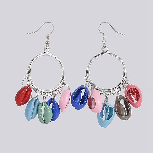 

PandaHall Dyed Cowrie Shell Dangle Earrings, with Zinc Alloy Connectors and Brass Earring Hooks, Mixed Color, 65~68mm, Pin: 0.8mm Shell..., Multicolor