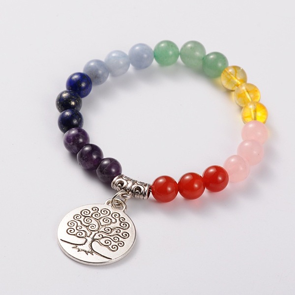 

PandaHall Natural Gemstone Stretch Charm Bracelets, with Tibetan Style Tree of Life Pendant, Antique Silver, Colorful, 55mm Mixed Stone